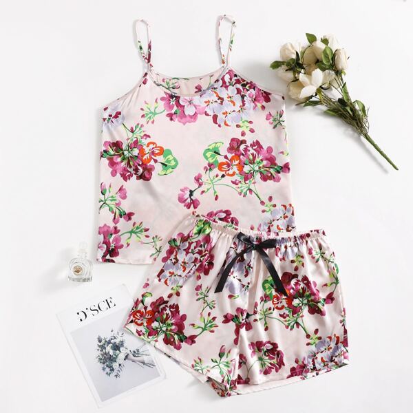 

Plus Floral Bow Front Satin PJ Set, Multicolor