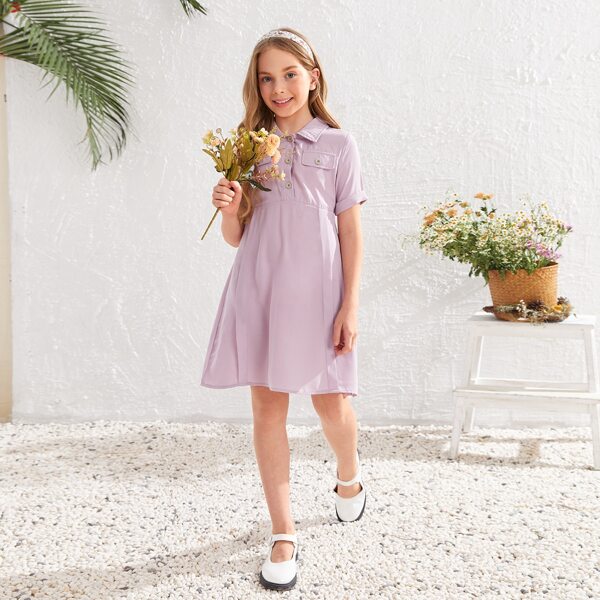 

Girls Solid Flap Detail Shirt Dress, Lilac purple