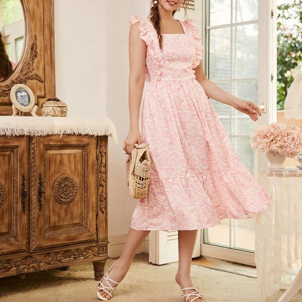 

Allover Floral Print Ruffle Hem Dress, Baby pink