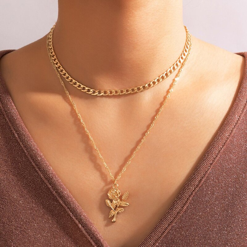 

1pc Rose Pendant Layered Chain Necklace, Gold