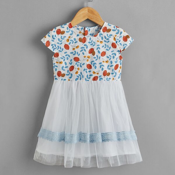 

Toddler Girls Plants Print Mesh Panel Dress, Blue and white