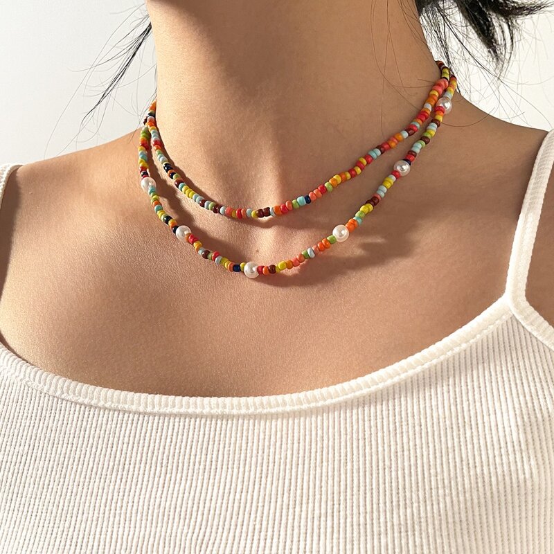 

1pc Beaded Layered Necklace, Multicolor