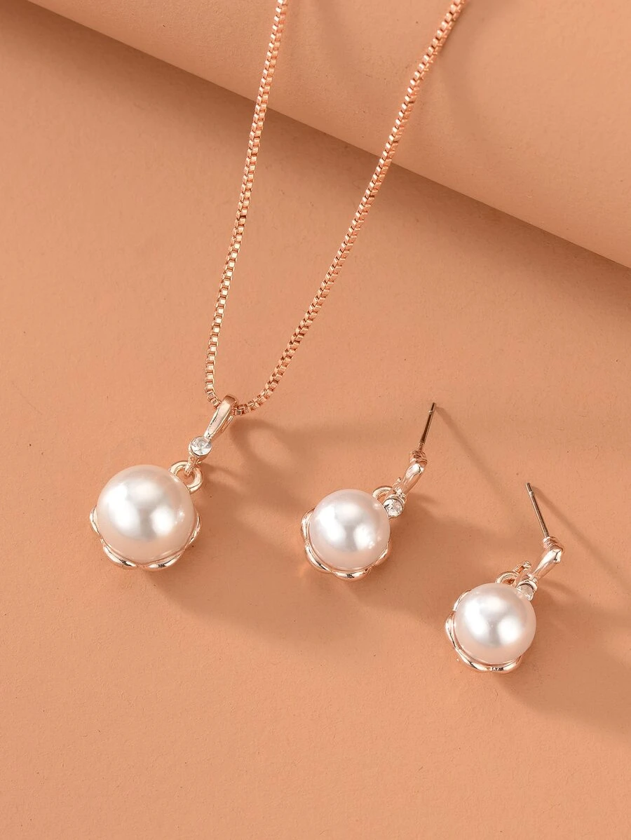 1pc Faux Pearl Decor Necklace & 1pair Drop Earrings - Rose Gold - View 1