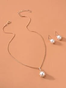 1pc Faux Pearl Decor Necklace & 1pair Drop Earrings - Rose Gold - View 2