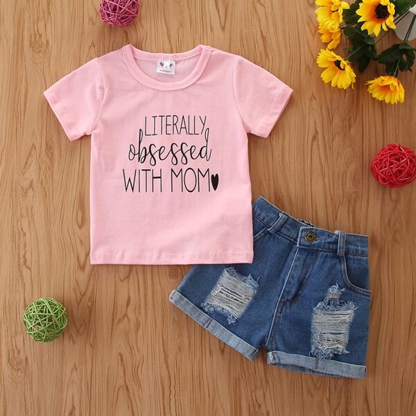 

Toddler Girls Slogan Graphic Tee With Ripped Denim Shorts, Multicolor