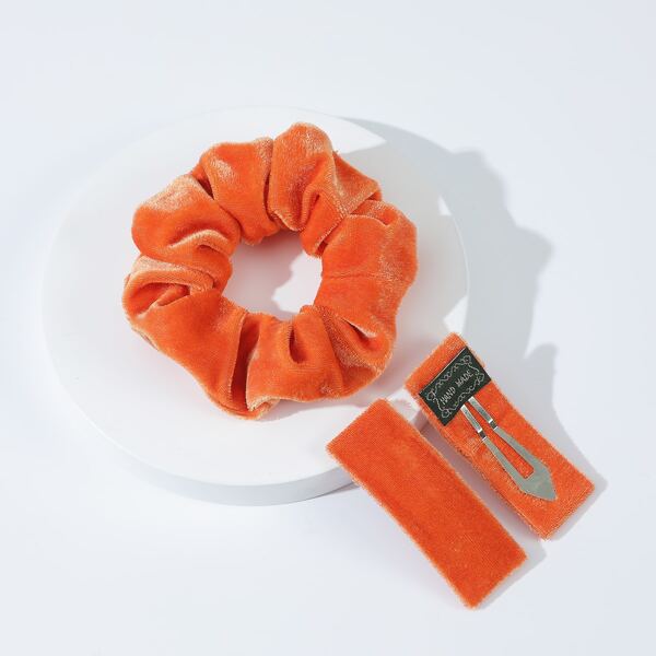 

2pcs Velvet Hair Clip & Scrunchie, Orange