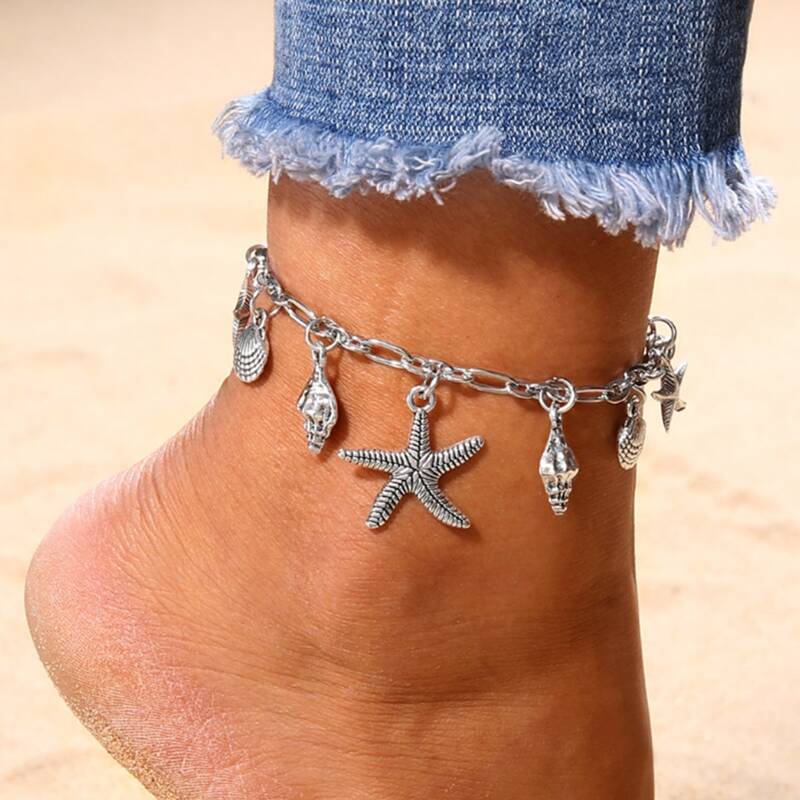 

1pc Starfish Charm Anklet, Antique silver
