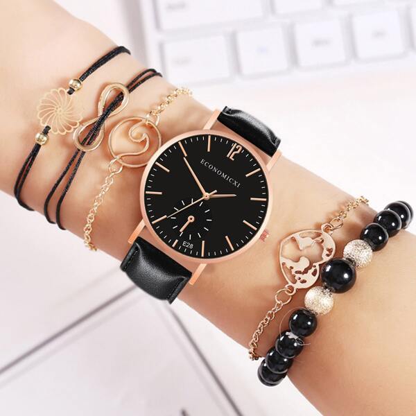 

1pc Round Pointer Quartz Watch & 5pcs Bracelet