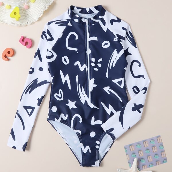 

Girls Graphic Zip Front One Piece Swimsuit, Blue and white