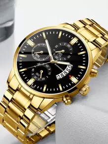 男士三錶盤石英手錶 - 金色 - 查看 1