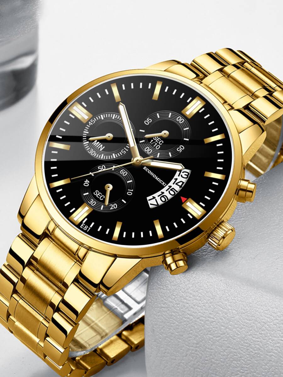 男士三錶盤石英手錶 - 金色 - 查看 1