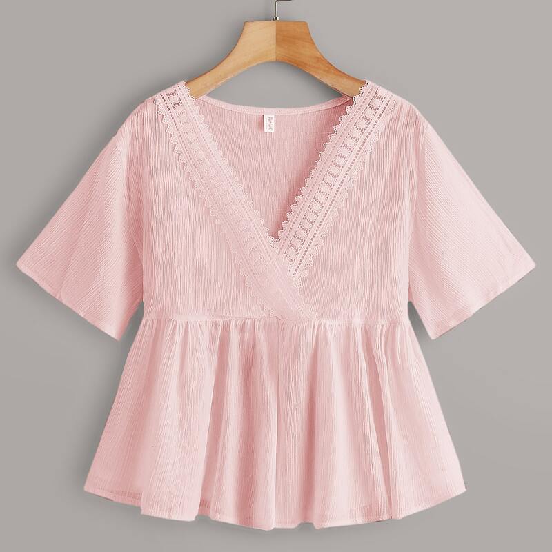 

Contrast Lace Smock Blouse, Baby pink
