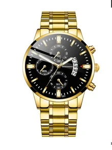 男士三錶盤石英手錶 - 金色 - 查看 2