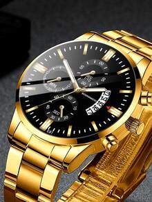 男士三錶盤石英手錶 - 金色 - 查看 3