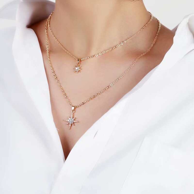 

1pc Rhinestone Star Layered Chain Necklace, Gold