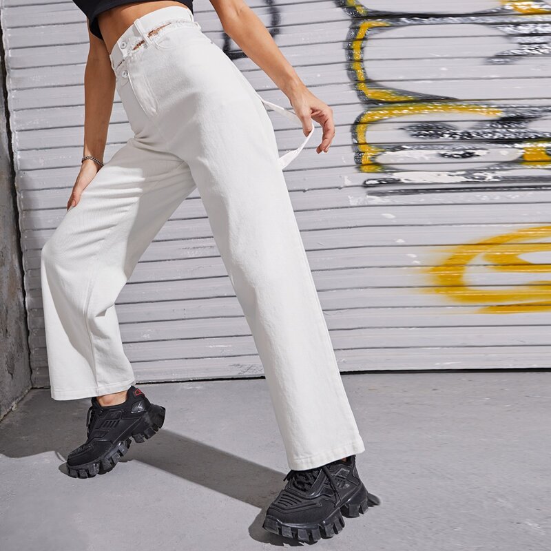 

Cutout Button Fly Straps Detail Jeans, White