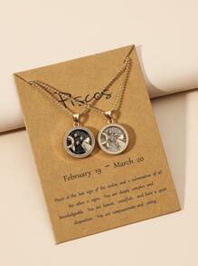 2入組情侶星座符號設計圓形吊墜項鍊 - 彩色 - 查看 1