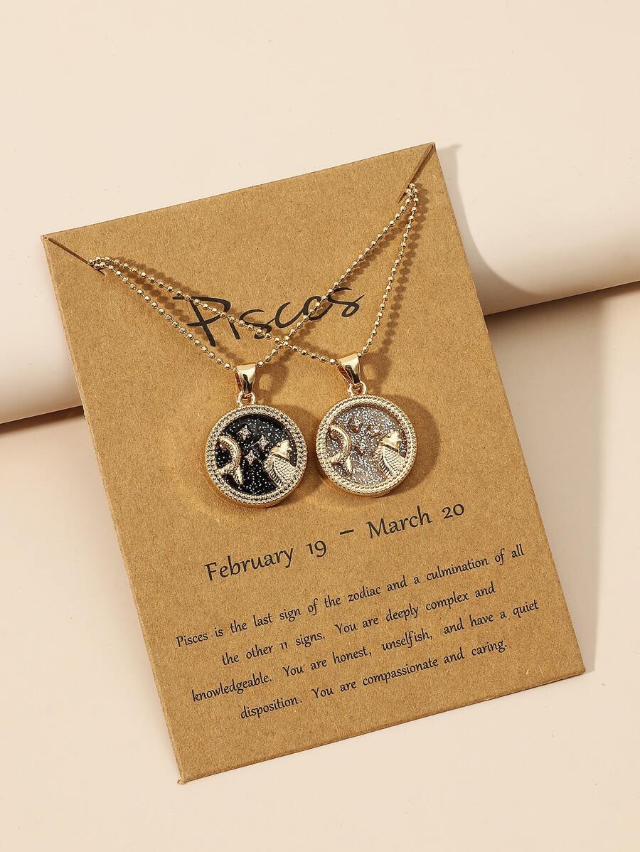 2入組情侶星座符號設計圓形吊墜項鍊 - 彩色 - 查看 1