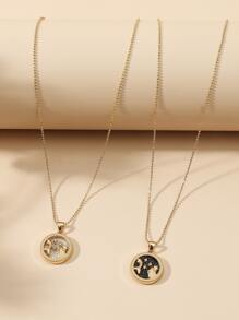 2入組情侶星座符號設計圓形吊墜項鍊 - 彩色 - 查看 2