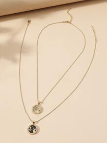 2入組情侶星座符號設計圓形吊墜項鍊 - 彩色 - 查看 3