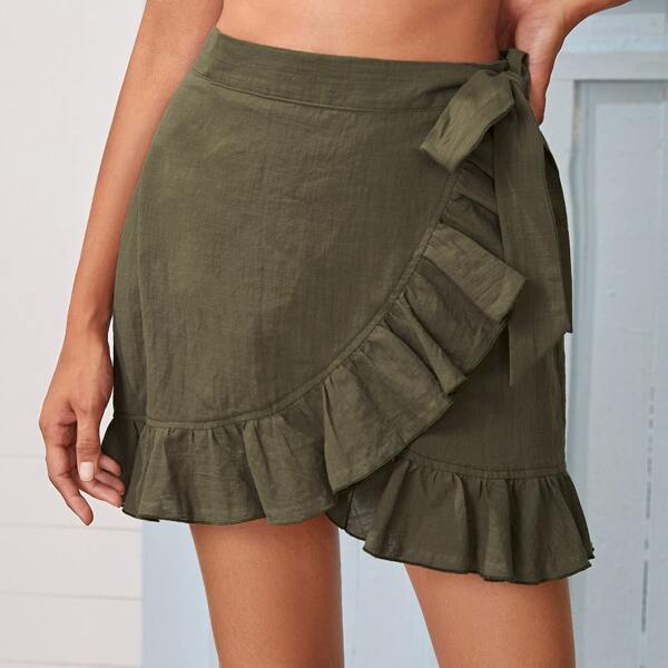 

Knot Side Ruffle Wrap Skirt, Army green