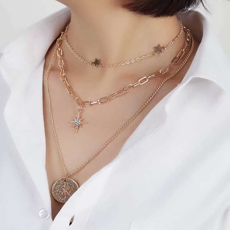 

1pc Round Disc Layered Chain Necklace, Gold