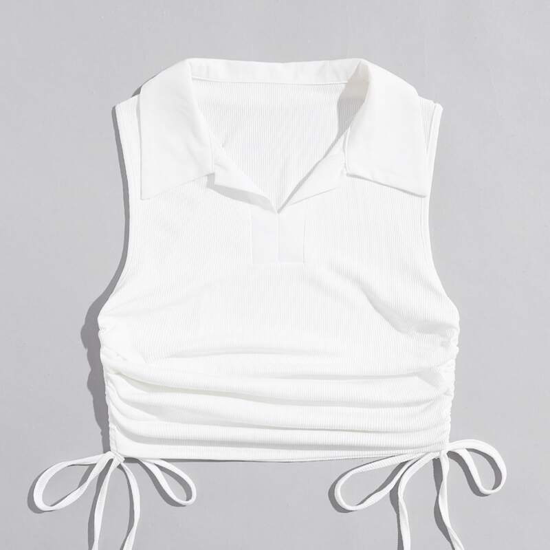 

Solid Collar Drawstring Ruched Tank Top, White