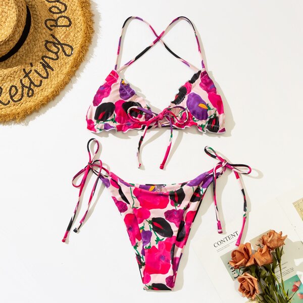 

Floral Lettuce Trim Tie Side Bikini Swimsuit, Multicolor
