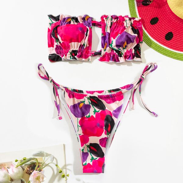 

Floral Frill Bandeau Thong Bikini Swimsuit, Multicolor