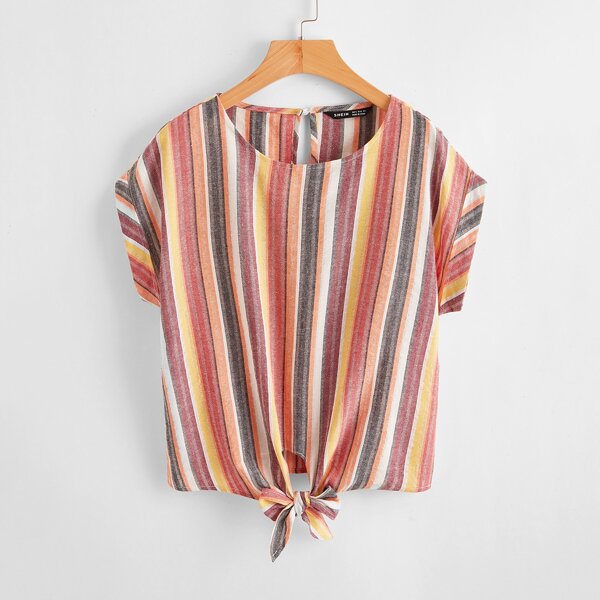 

Striped Roll Up Sleeve Knot Front Top, Multicolor