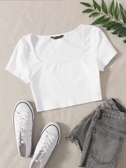 SHEINScoopNeckSolidTee - Top SHEIN