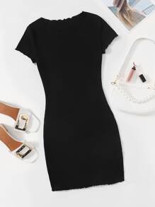 Muchica Lettuce Trim Rib-knit Bodycon Dress - Black - View 1