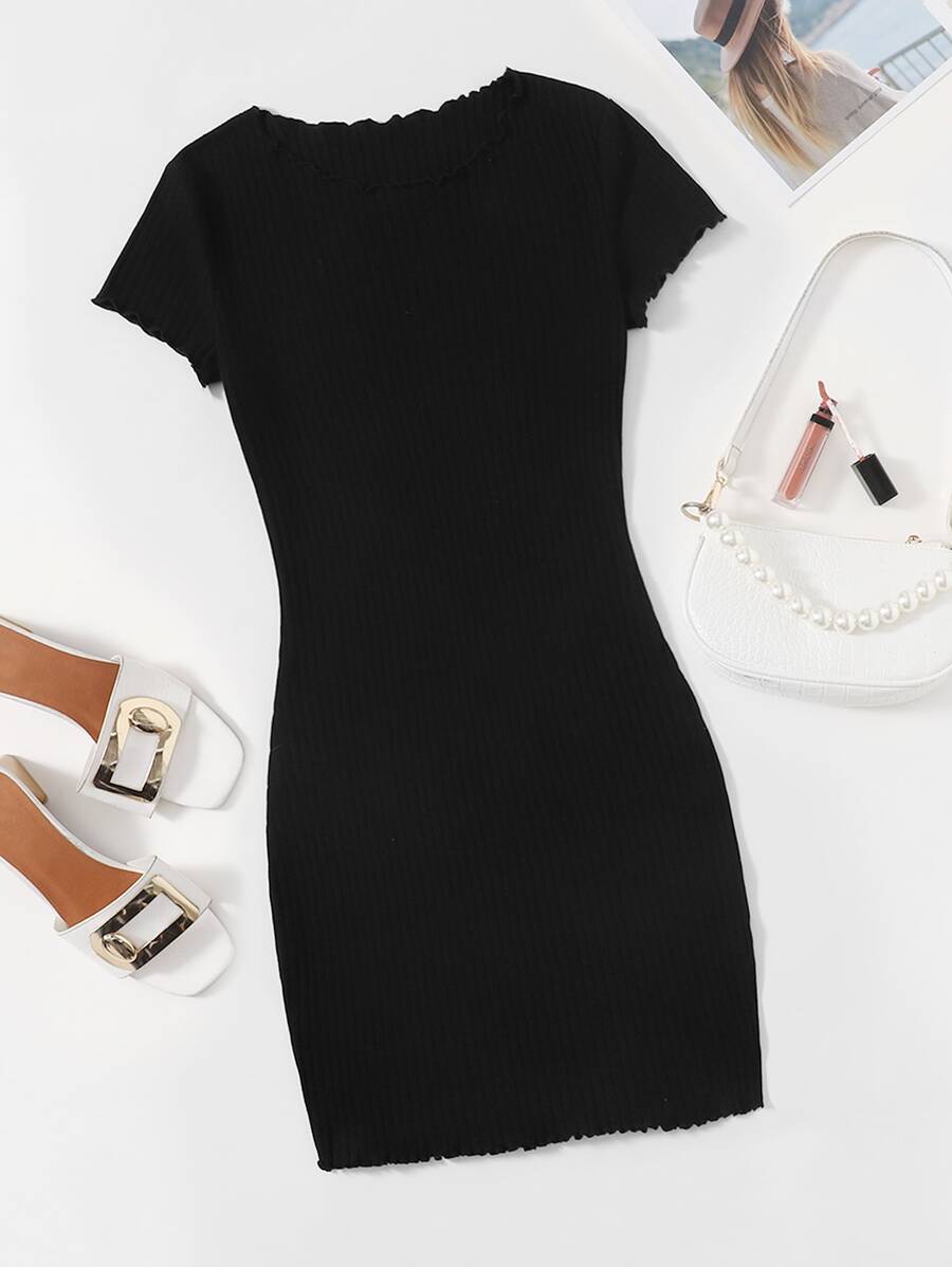 Muchica Lettuce Trim Rib-knit Bodycon Dress - Black - View 1