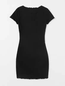 Muchica Lettuce Trim Rib-knit Bodycon Dress - Black - View 2