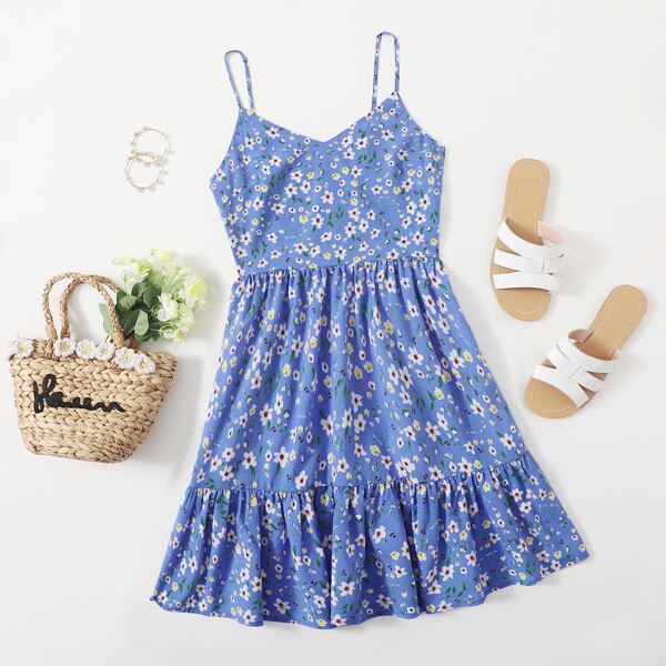 

Shirred Back Ruffle Hem Ditsy Floral Cami Dress, Blue