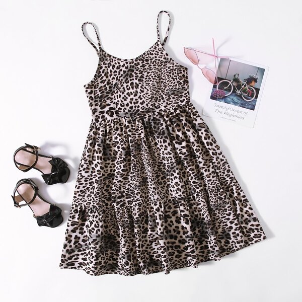 

Girls Leopard Print Ruffle Hem Cami Dress, Multicolor
