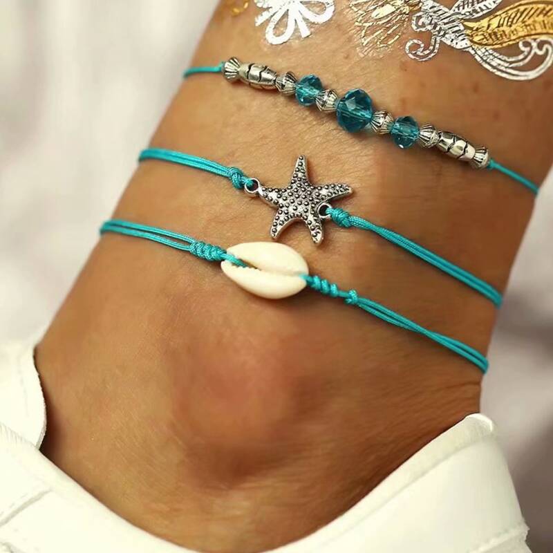 

3pcs Shell Charm Anklet, Blue