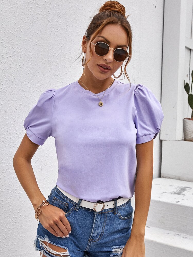 SHEIN Clasi Puff Sleeve Top - Lilac Purple - View 4