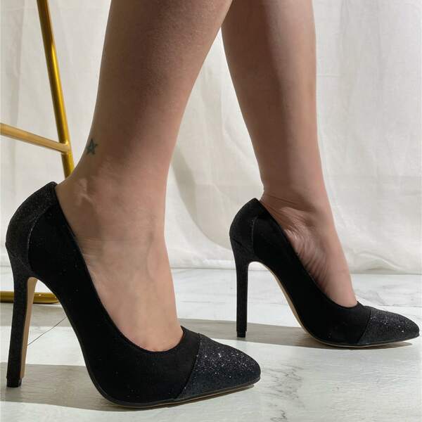 

Glitter Decor High Heeled Court Pumps, Black