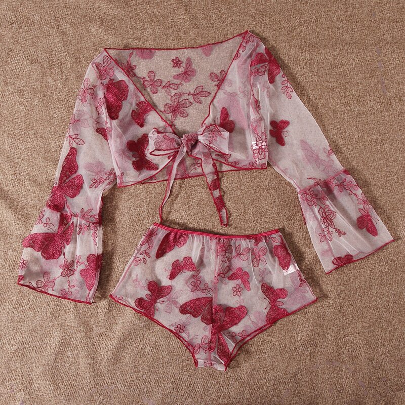 

Butterfly Embroidery Knot Mesh Lingerie Set, Burgundy