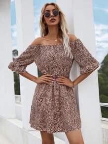 Leopard Print Bardot Dress - Multicolor - View 4