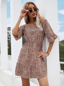 Leopard Print Bardot Dress - Multicolor - View 6