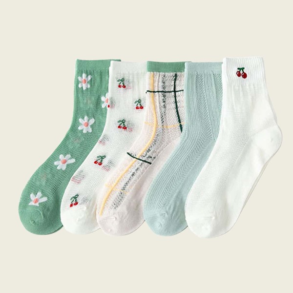 

5pairs Flower Print Socks, Multicolor