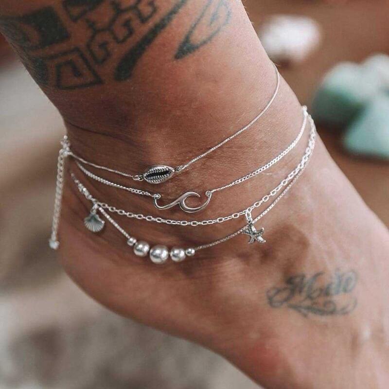 

3pcs Shell Charm Anklet, Silver