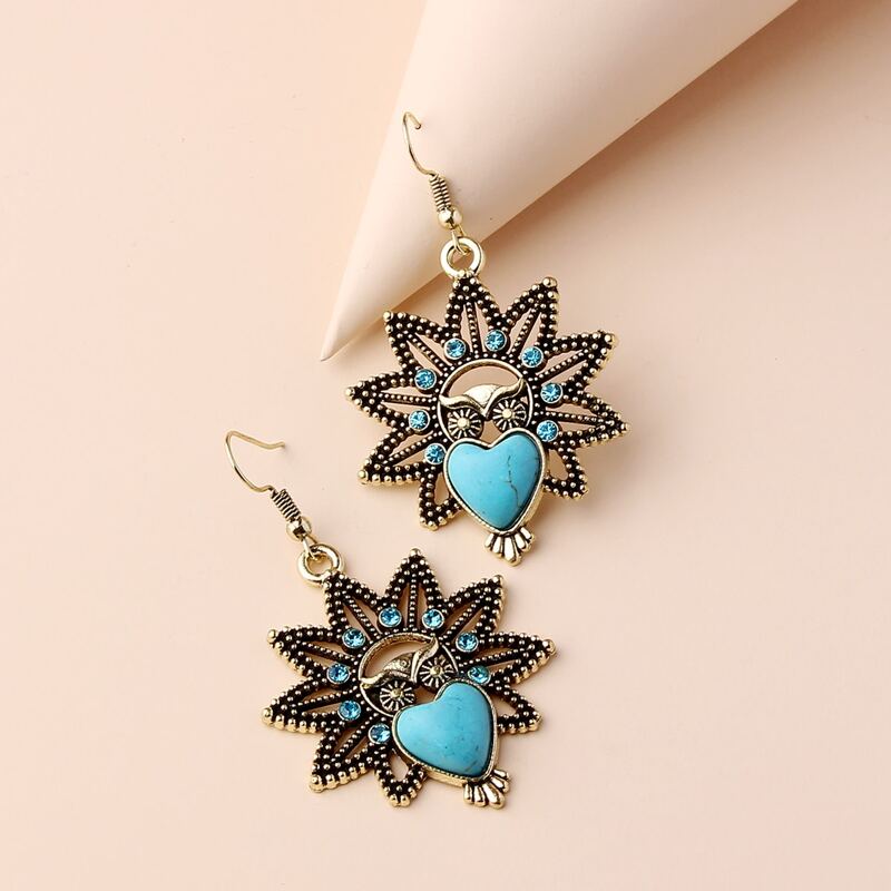 

1pair Rhinestone & Heart Design Drop Earrings, Bronze