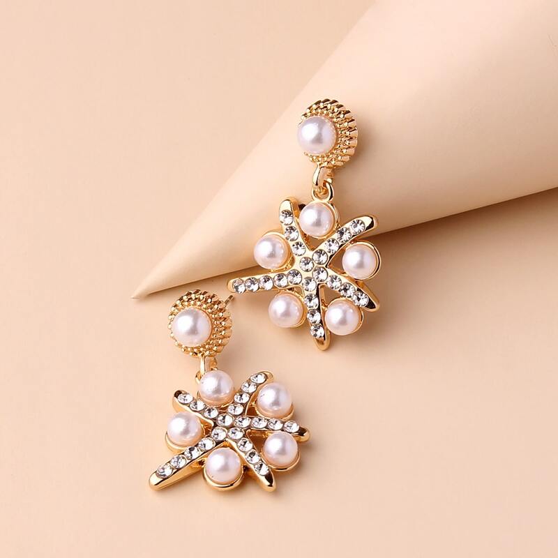 

1pair Faux Pearl & Rhinestone Drop Earrings, White