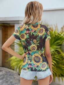 Top transparente con encaje con estampado de girasol - Multicolor - Ver 2