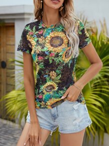 Top transparente con encaje con estampado de girasol - Multicolor - Ver 5