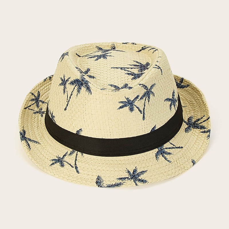 

Guys Coconut Tree Print Straw Hat, Beige