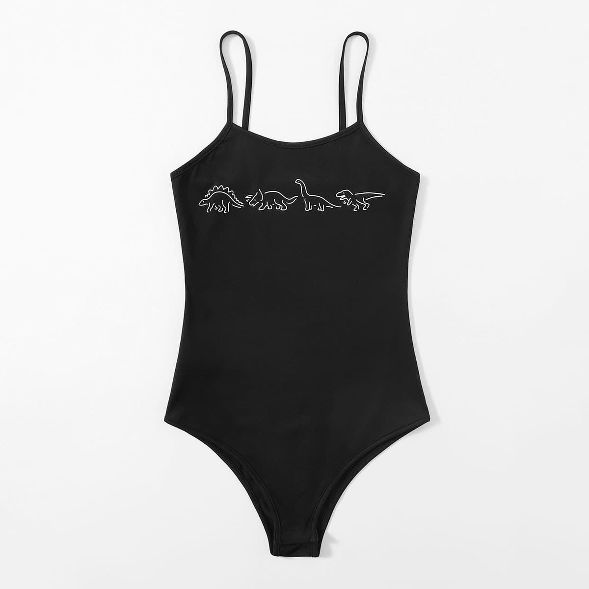 

Cartoon Dinosaur Graphic Bodysuit, Black